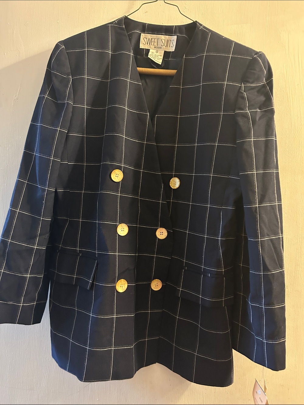 Vintage NWT Women's Navy Windowpane Double-Breasted Blazer